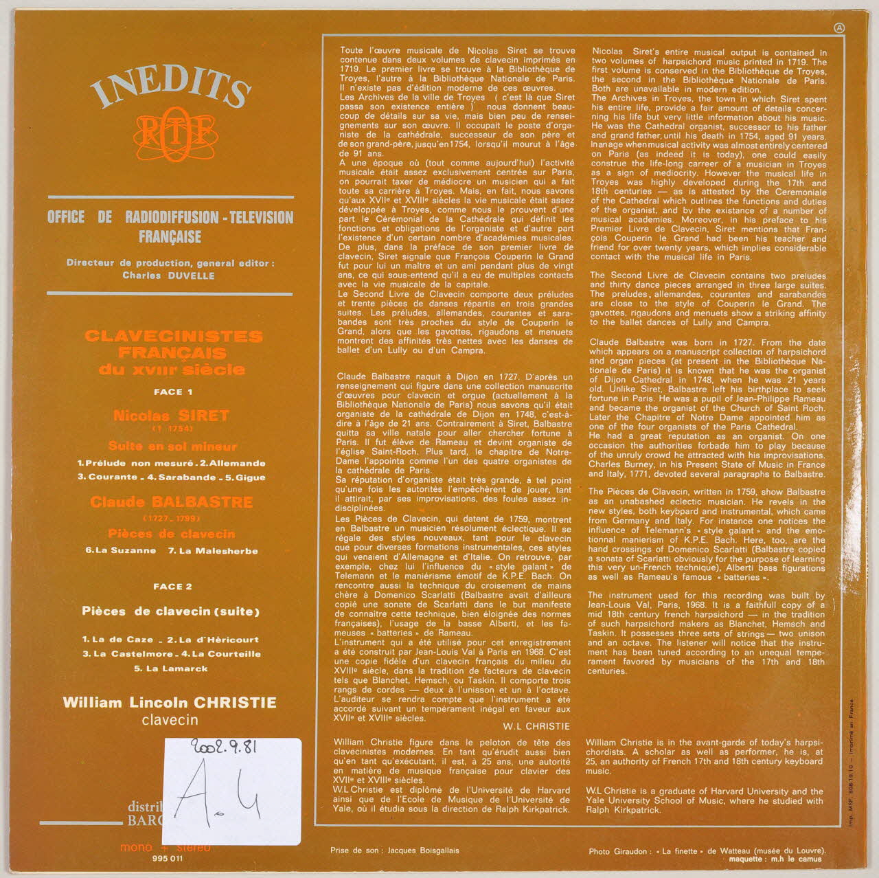 disque 33 tours Clavecinistes français du XVIIIé siécle MUS2002.9.81 Photo