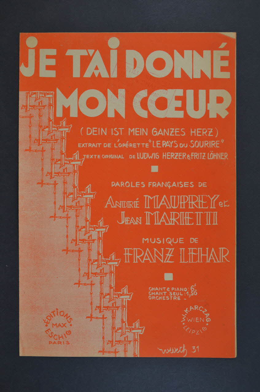 Jean Marietti ; André Mauprey ; Franz Lehar ; Éditions Max Eschig chanson petit format Île-de-France, France 1931 1965.144.121 Photo Mucem