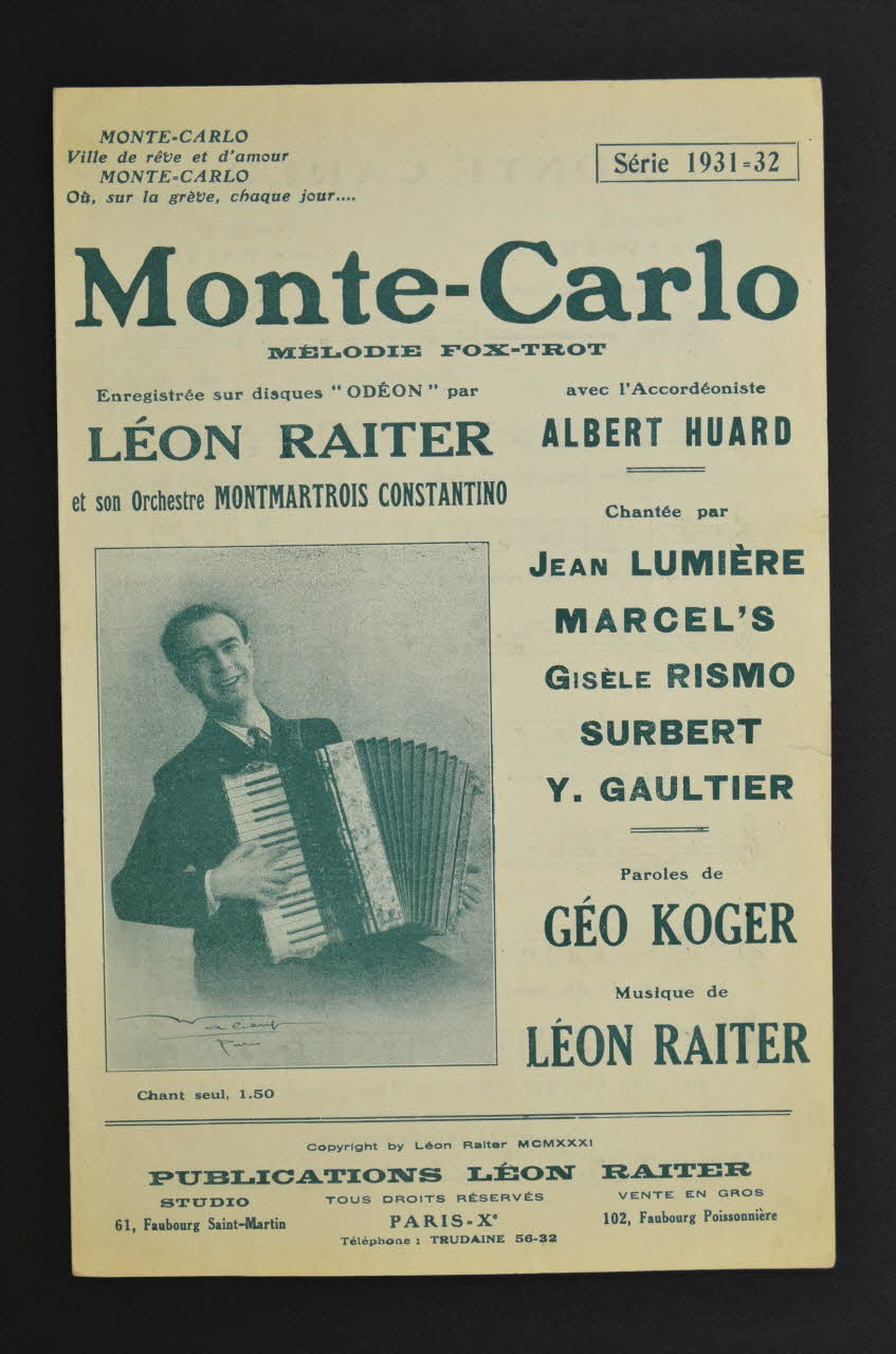 Géo Koger ; Léon Raiter chanson petit format Île-de-France, France 1931 1965.144.127 Photo Mucem