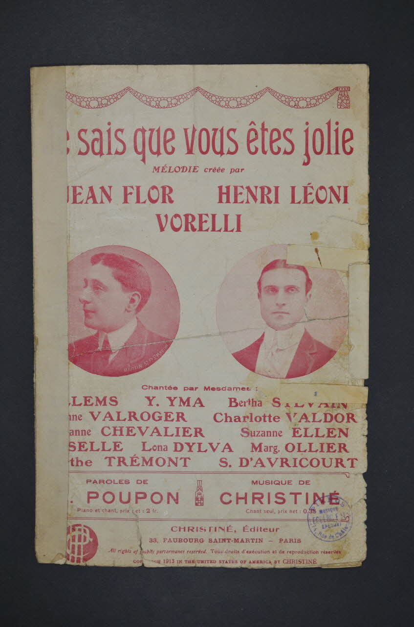 Henri Poupon ; Henri Christiné ; Jean Flor ; Henri Leoni ; Vorelli chanson petit format Île-de-France, France 1912 1965.144.132 Photo Mucem