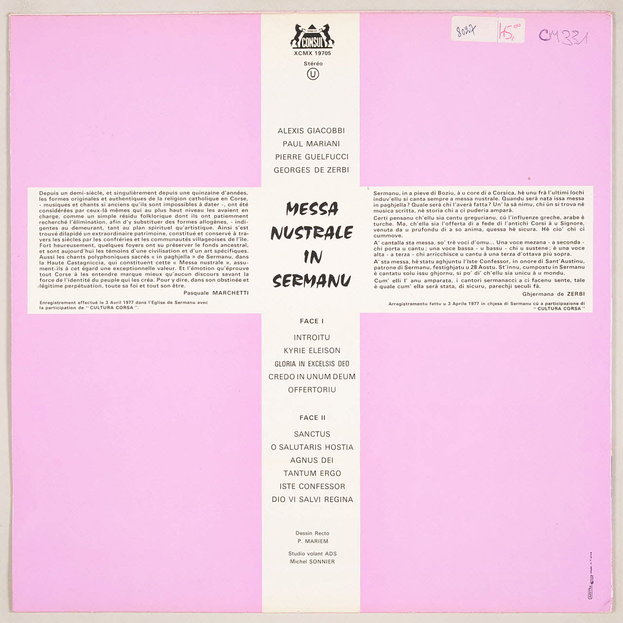 Alexis Giacobbi ; Paul Mariani ; Pierre Guelfucci ; Georges Zerbi De ; Disques Consul; disque 33 tours Credo in unum deum Corse, France 1977 MUS2011.3.38.1-2 Photo