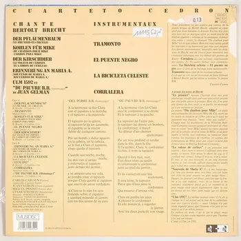 Juan Gelman ; Juan Cedron ; Berthold Brecht ; Miguel Praino ; Anselmo Aieta ; Cuarteto Cedron; ; Carlos Carlsen ; Cesar Stroscio ; Philippe Beaucamp ; Madeleine Beaucamp ; Moshé-NaïM; disque 33 tours El puente negro 1978 MUS2011.3.81.1-2 Photo