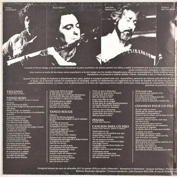 Juan José Mosalini ; Gustavo Beytelmann ; Nestor Gabetta ; Tomas Gubitssch ; Enzo Gieco ; Francis Le Guern ; Jacques Paris ; Bruno Menny ; Hexagone; disque 33 tours Cancion para un hijo Île-de-France, France 1977 MUS2011.3.84.1-2 Photo