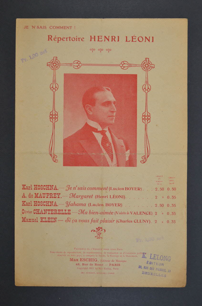 Lucien Boyer ; Karl Hoschna ; Henri Leoni ; Éditions Max Eschig chanson petit format Île-de-France, France 1911 1966.125.81 Photo Mucem
