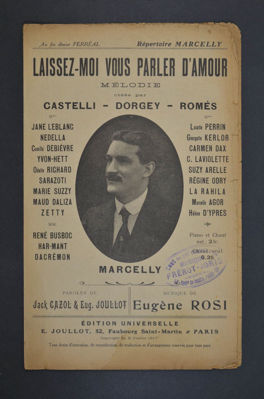 Jack Cazol ; Eugène Rosi ; Eugène Joullot ; Marcelly ; Edition Universelle; chanson petit format Île-de-France, France 1917 1965.144.140 Photo Mucem