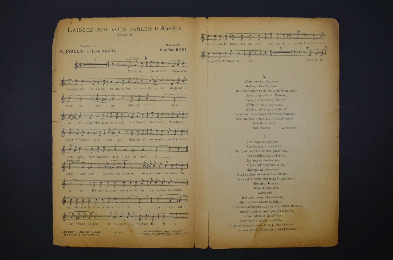 Jack Cazol ; Eugène Rosi ; Eugène Joullot ; Marcelly ; Edition Universelle; chanson petit format Île-de-France, France 1917 1965.144.140 Photo Mucem