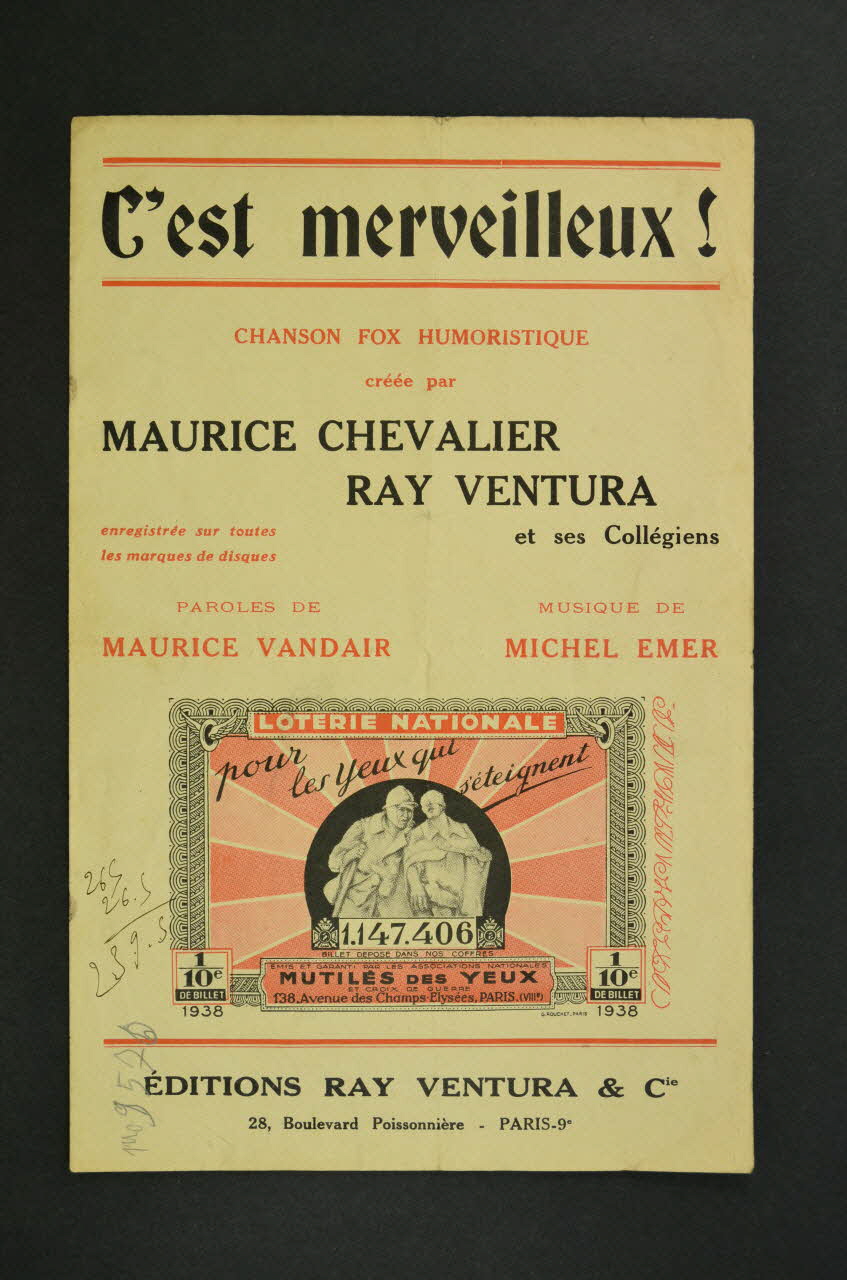 Maurice Vandair ; Michel Emer ; Maurice Chevalier ; Ray Ventura chanson petit format Île-de-France, France 1938 1966.131.24 Photo Mucem