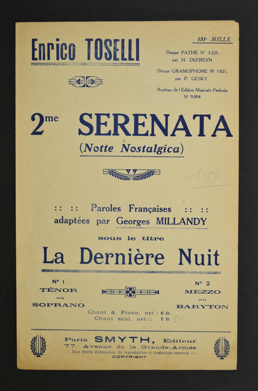 Enrico Toselli ; Georges Millandy ; Smyth chanson petit format Île-de-France, France 1922 1965.144.3 Photo Mucem