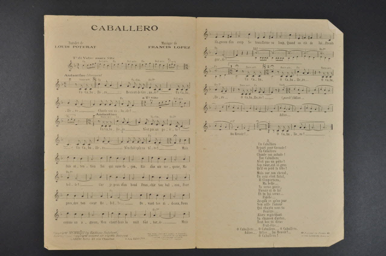 Louis Poterat ; Francis Lopez ; Georges Guétary ; Salabert chanson petit format Île-de-France, France 1943 1966.131.65 Photo Mucem