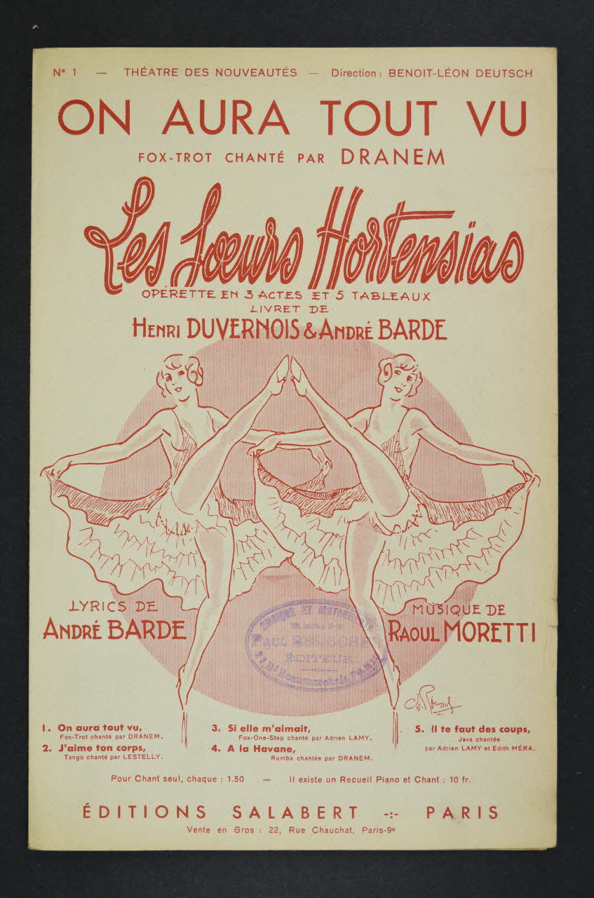 André Barde ; Henri Duvernois ; Raoul Moretti ; Dranem ; Salabert chanson petit format Île-de-France, France 1934 1965.144.70 Photo Mucem