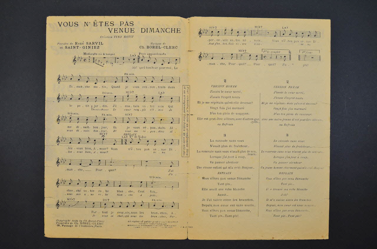 René Sarvil ; Charles Borel-Clerc ; J. Saint-Giniez ; Tino Rossi ; Borel-Clerc, Charles, Editions; chanson petit format Île-de-France, France 1939 1966.131.96 Photo Mucem