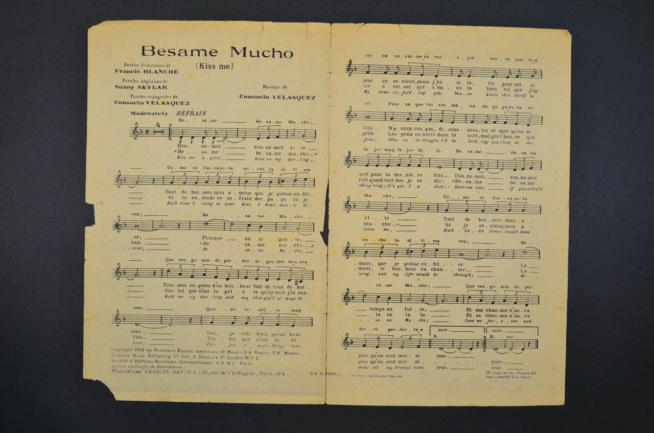 Sunny Skylar ; Consuelo Velasquez ; Francis Blanche ; Tino Rossi ; Francis-Day S.A., Editions; chanson petit format Île-de-France, France 1941 1966.131.97 Photo Mucem