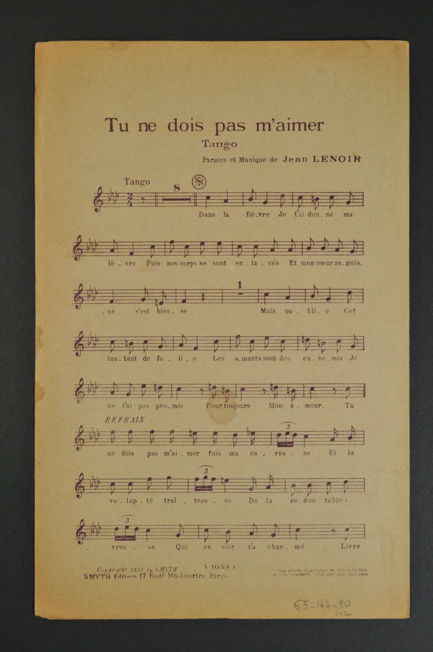 R. Delamare ; Lucien Carol ; Roger Dufas ; Jean Lenoir ; Georgel ; Smyth chanson petit format Île-de-France, France 1931 1965.144.90 Photo Mucem