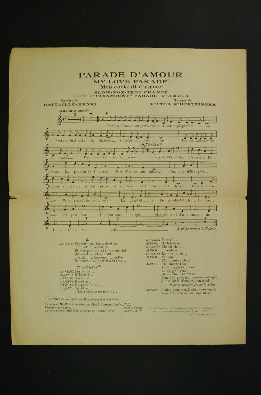 Victor Schertzinger ; Jacques Battaille-Henri ; Maurice Chevalier ; Salabert chanson petit format Île-de-France, France 1930 1965.144.91 Photo Mucem