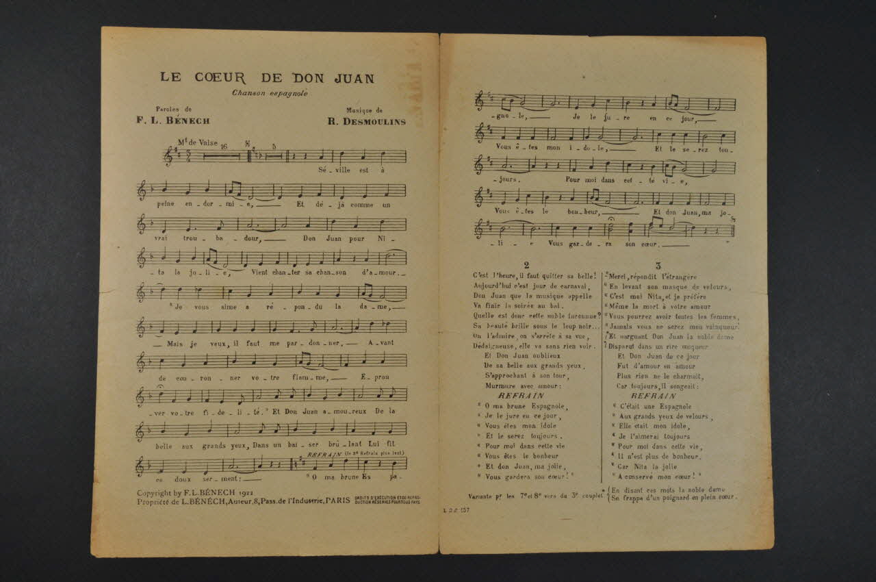Ferdinand Louis Bénech ; Romain Desmoulins chanson petit format Île-de-France, France 1922 1966.135.12 Photo Mucem