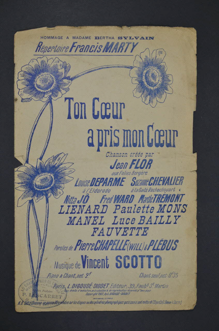 Plébus ; Pierre Chapelle ; Roland GaëL ; Vincent Scotto ; Jean Flor ; Digoudé-Diodet; chanson petit format 1907 1965.145.13 Photo Mucem
