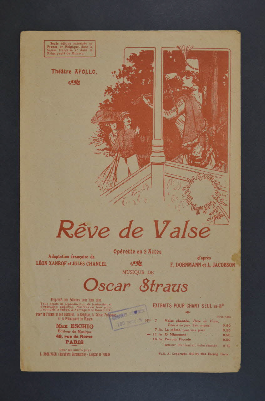 Léon Xanrof ; Oscar Strauss ; Jules Chancel ; Alice Bonheur ; Henri Dufreyn ; Éditions Max Eschig chanson petit format Île-de-France, France 1907 1966.135.14 Photo Mucem