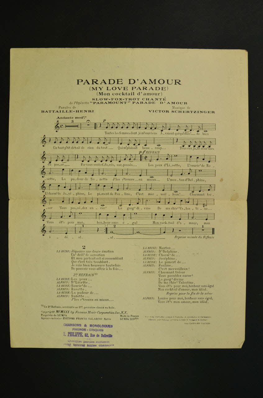 Jacques Battaille-Henri ; Victor Schertzinger ; Maurice Chevalier ; Francis F. Salabert chanson petit format Île-de-France, France 1930 1966.135.24 Photo Mucem