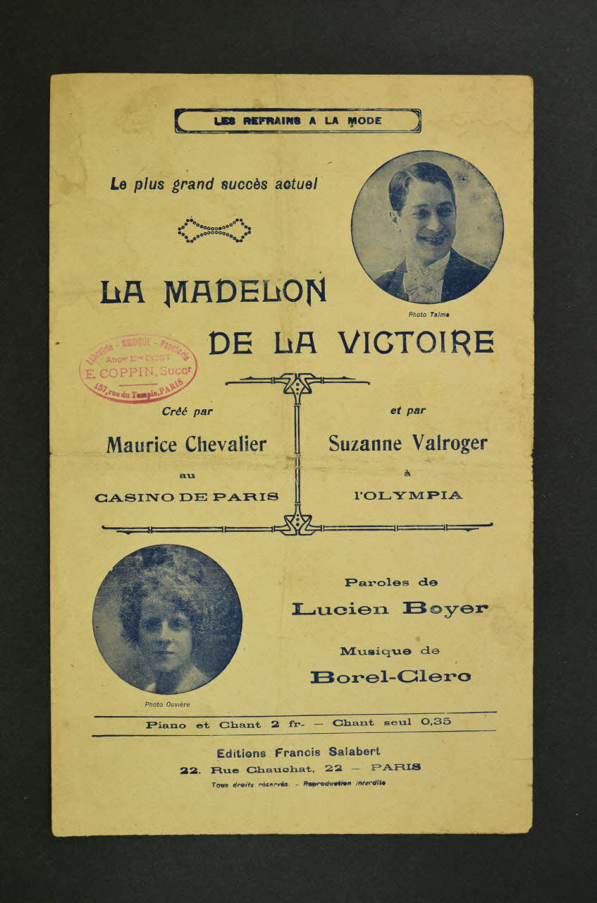 Lucien Boyer ; Charles Borel-Clerc ; Maurice Chevalier ; Suzanne Valroger ; Francis F. Salabert chanson petit format Île-de-France, France 1918 1966.135.7 Photo Mucem