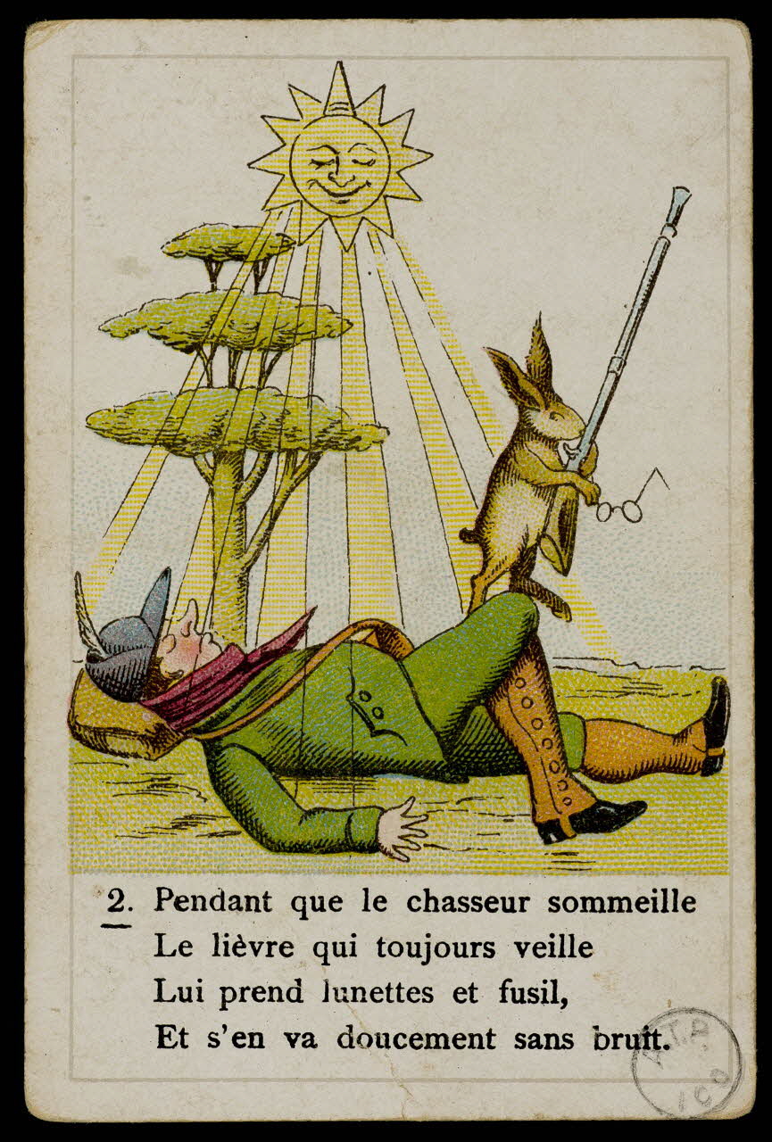 estampe 2. Pendant que le chasseur sommeille  Le lièvre qui toujours veille  Lui prend lunettes et fusil,  Et s'en va doucement sans bruit. 1973.107.164.1 Photo Mucem