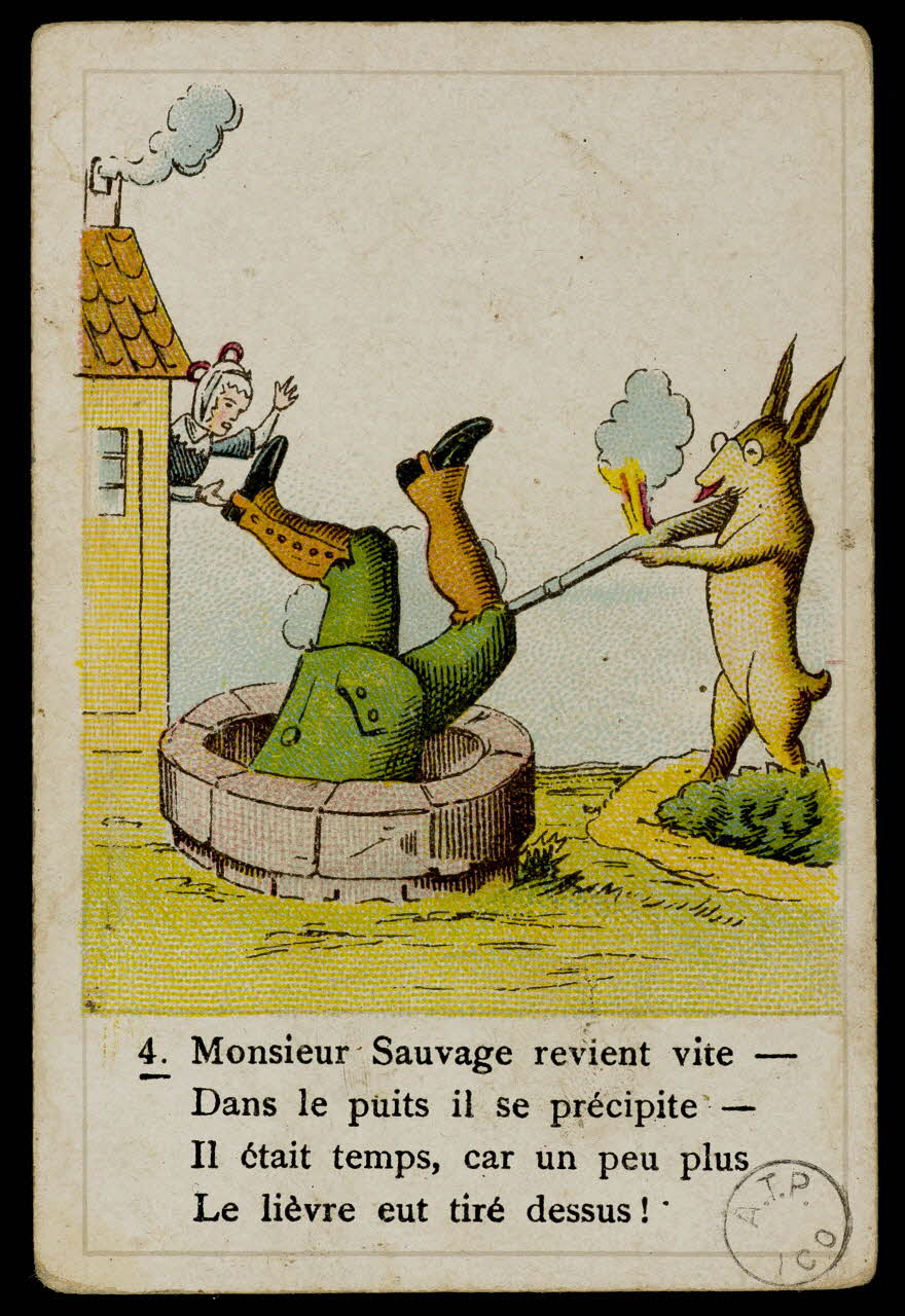 estampe 4. Monsieur Sauvage revient vite  Dans le puits il se précipite  Il était temps, car un peu plus  Le lièvre eut tiré dessus ! 1973.107.164.3 Photo Mucem