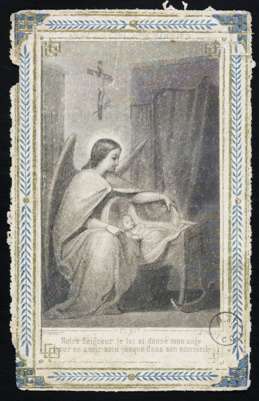 image pieuse ANGE DU CIEL MON GARDIEN.  Notre Seigneur, je lui ai donné mon ange  pour en avoir soin jusque dans son sommeil. 1973.11.90 Photo Mucem
