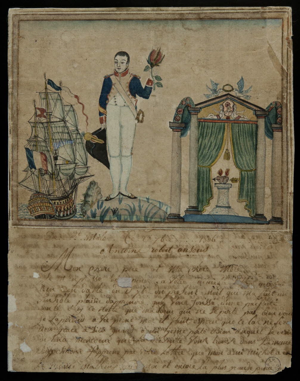 dessin Lettre d'Antoine Robert Ansous à ses parents de l'année 1806 Bretagne, France 1806 1973.22.9 Photo Mucem