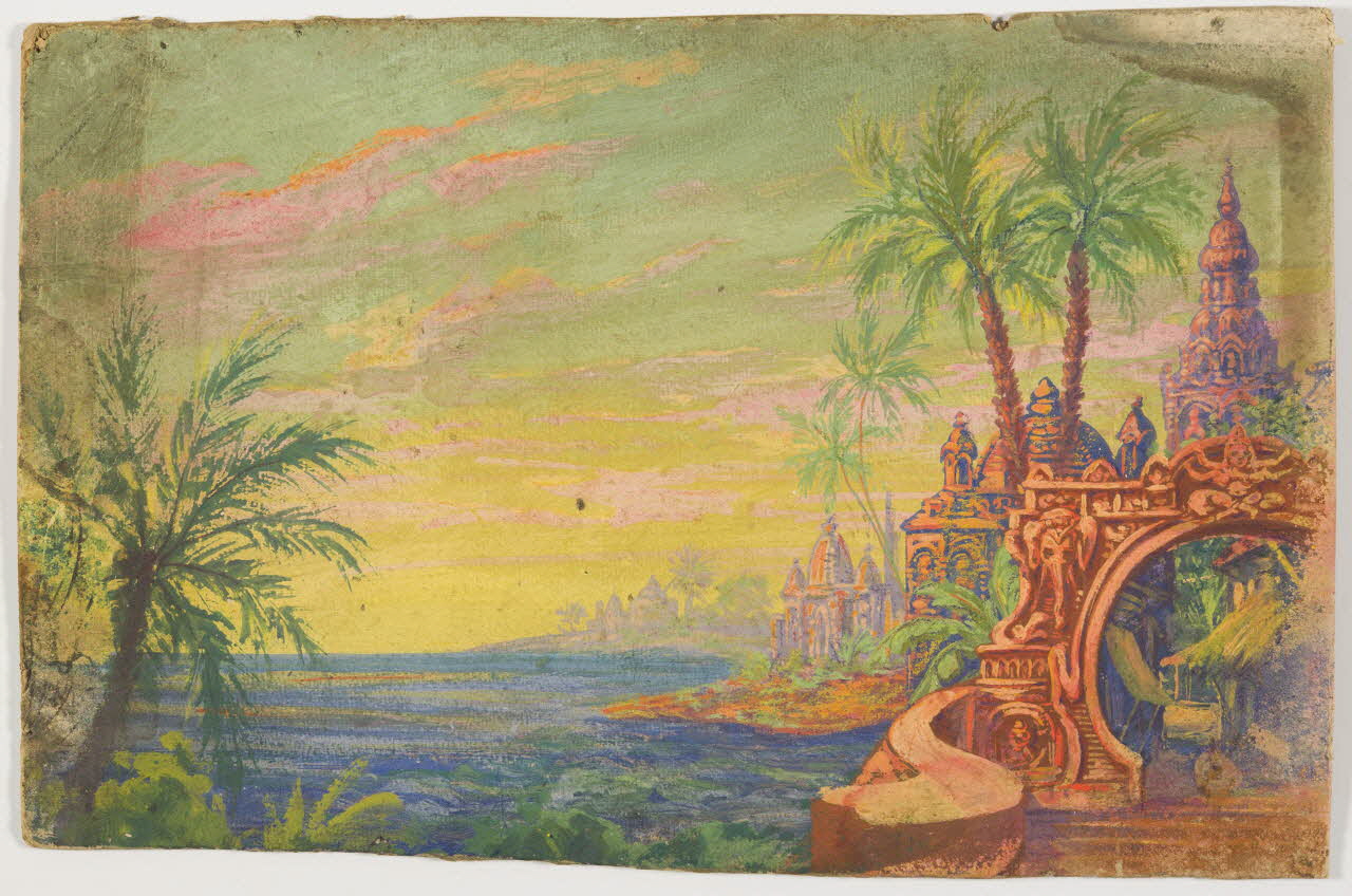 estampe Décor de théâtre : temples de style extrême oriental au bord de la mer 1973.31.9 Photo Mucem