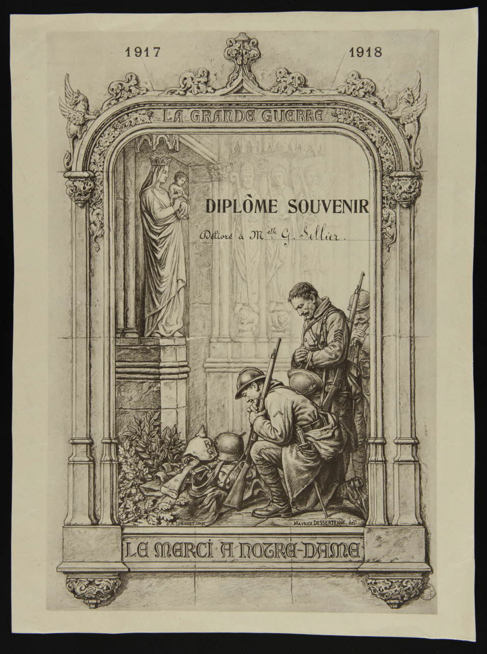 estampe LA GRANDE GUERRE  DIPLOME SOUVENIR  LE MERCI A NOTRE-DAME 1973.47.48 Photo Mucem