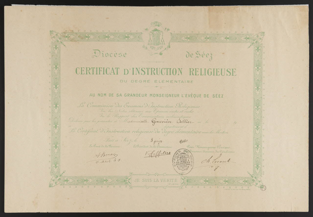 estampe Diocèse de Séez  CERTIFICAT D'INSTRUCTION RELIGIEUSE  DU DEGRE ELEMENTAIRE 1973.47.50 Photo Mucem