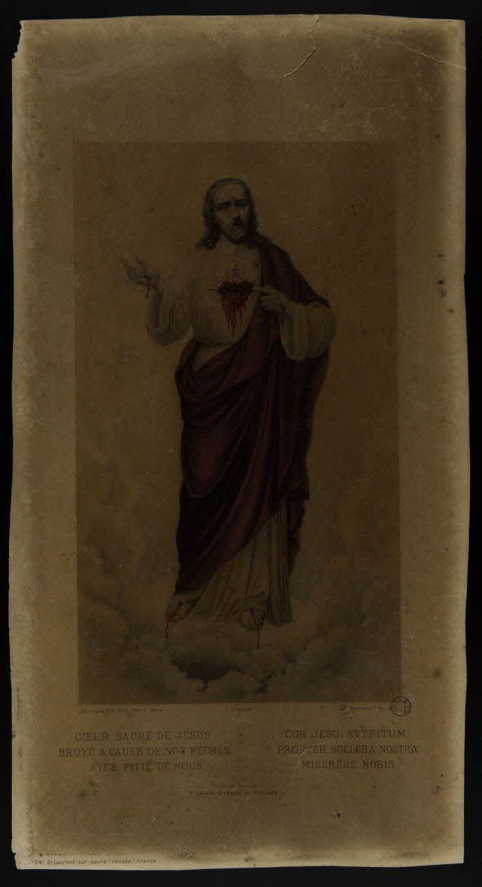 estampe COEUR SACRE DE JESUS : BROYE A CAUSE DE NOS PECHES  AYEZ PITIE DE NOUS  COR JESU, ATTRITUM  PROPTER SCELERA NOSTRA  MISERERE NOBIS 1973.47.53 Photo Mucem