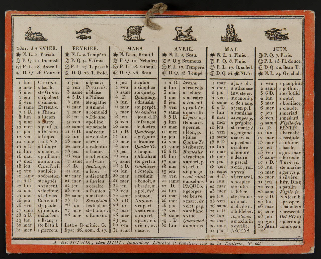 Lucien-Côme Diot imagerie ancienne Calendrier de 1821 Beauvais 1820 1973.53.109 Photo Mucem