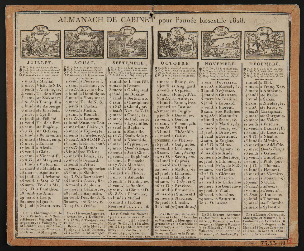 Brée Ainé imagerie ancienne ALMANACH DE CABINET POUR L'ANNEE BISSEXTILE 1828 Falaise 1827 1973.53.119 Photo Mucem