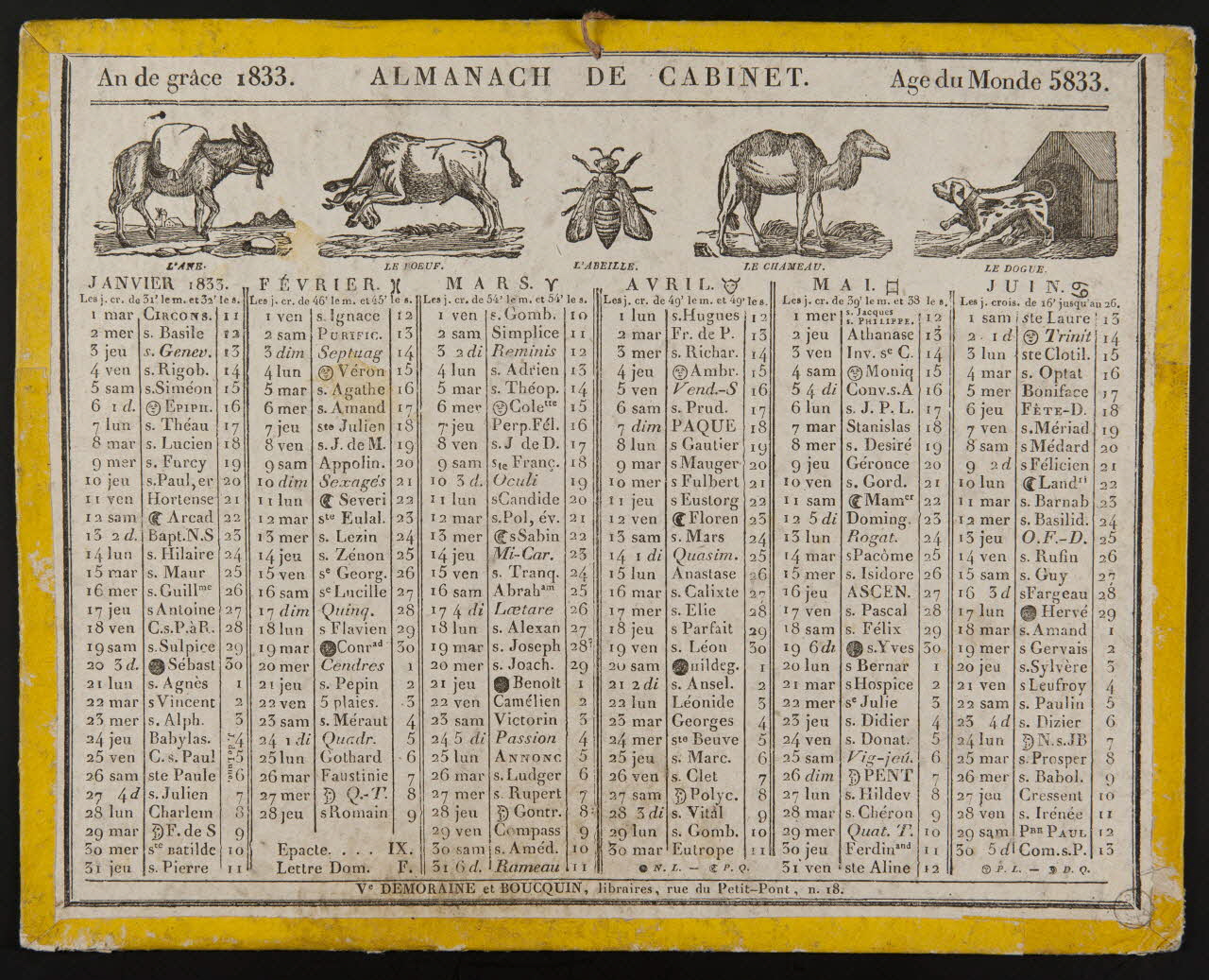 estampe An de grâce 1833. ALMANACH DE CABINET. Age du Monde 5833. 1973.53.128 Photo Mucem