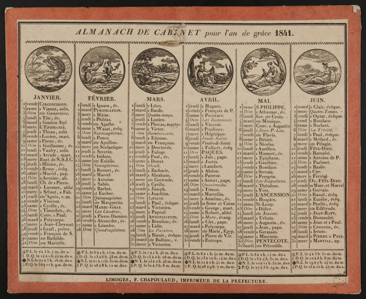Chapoulaud F. calendrier ALMANACH DE CABINET pour l'an de grâce 1841. Limoges 1840 1973.53.147 Photo Mucem