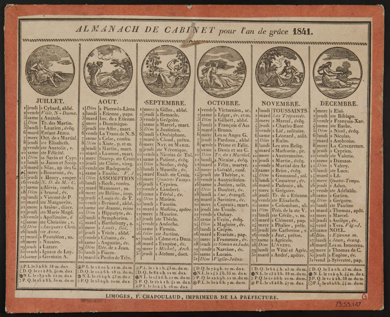 Chapoulaud F. calendrier ALMANACH DE CABINET pour l'an de grâce 1841. Limoges 1840 1973.53.147 Photo Mucem