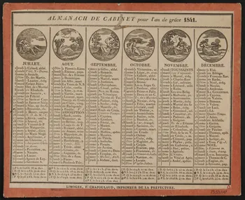 Chapoulaud F. calendrier ALMANACH DE CABINET pour l'an de grâce 1841. Limoges 1840 1973.53.147 Photo Mucem
