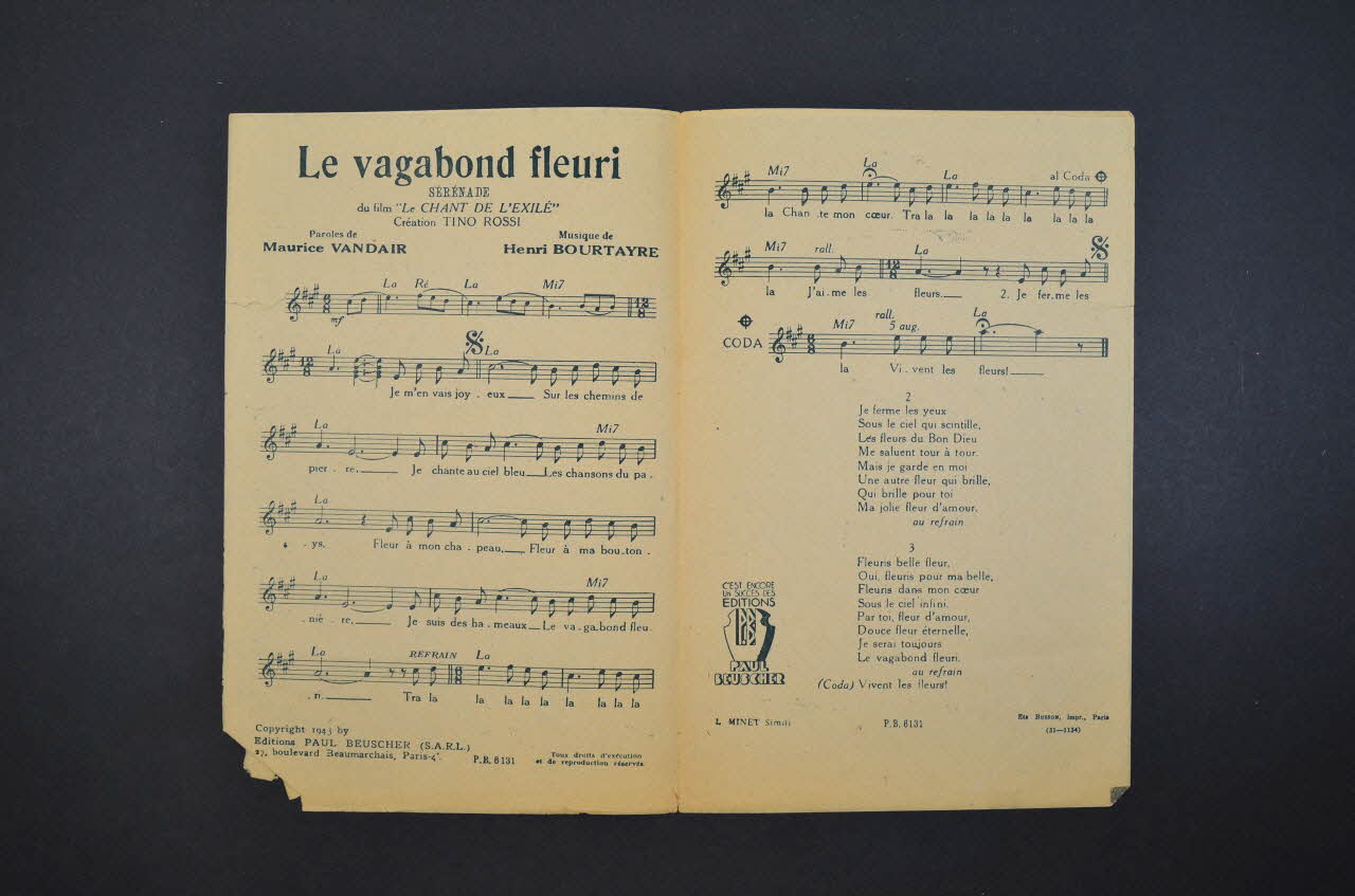 Maurice Vandair ; Henri Bourtayre ; Tino Rossi ; Paul Beuscher chanson petit format Île-de-France, France 1943 1966.138.26 Photo Mucem