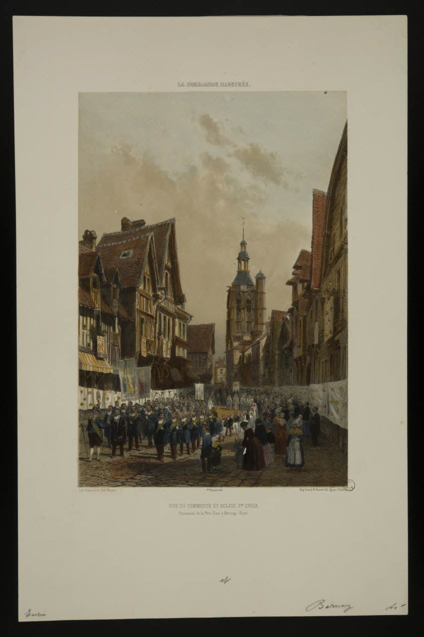 estampe LA NORMANDIE ILLUSTREE.  RUE DU COMMERCE ET EGLISE STE CROIX.  Procession de la Fête-Dieu à Bernay. (Eure) 1973.53.25 Photo Mucem