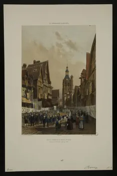 estampe LA NORMANDIE ILLUSTREE.  RUE DU COMMERCE ET EGLISE STE CROIX.  Procession de la Fête-Dieu à Bernay. (Eure) 1973.53.25 Photo Mucem