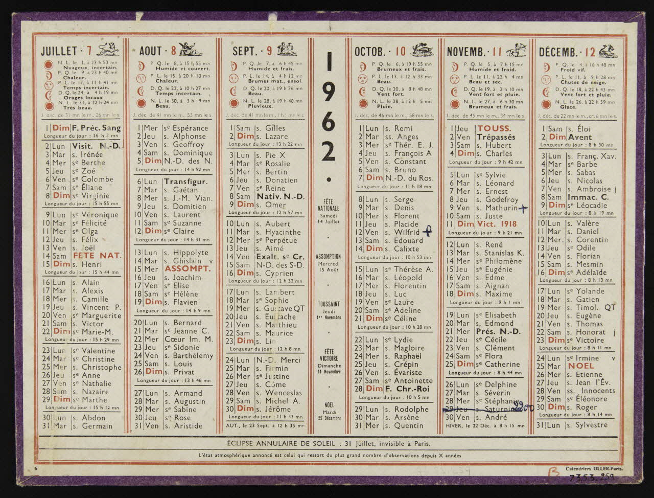 estampe Calendrier de 1962 1973.53.259 Photo Mucem