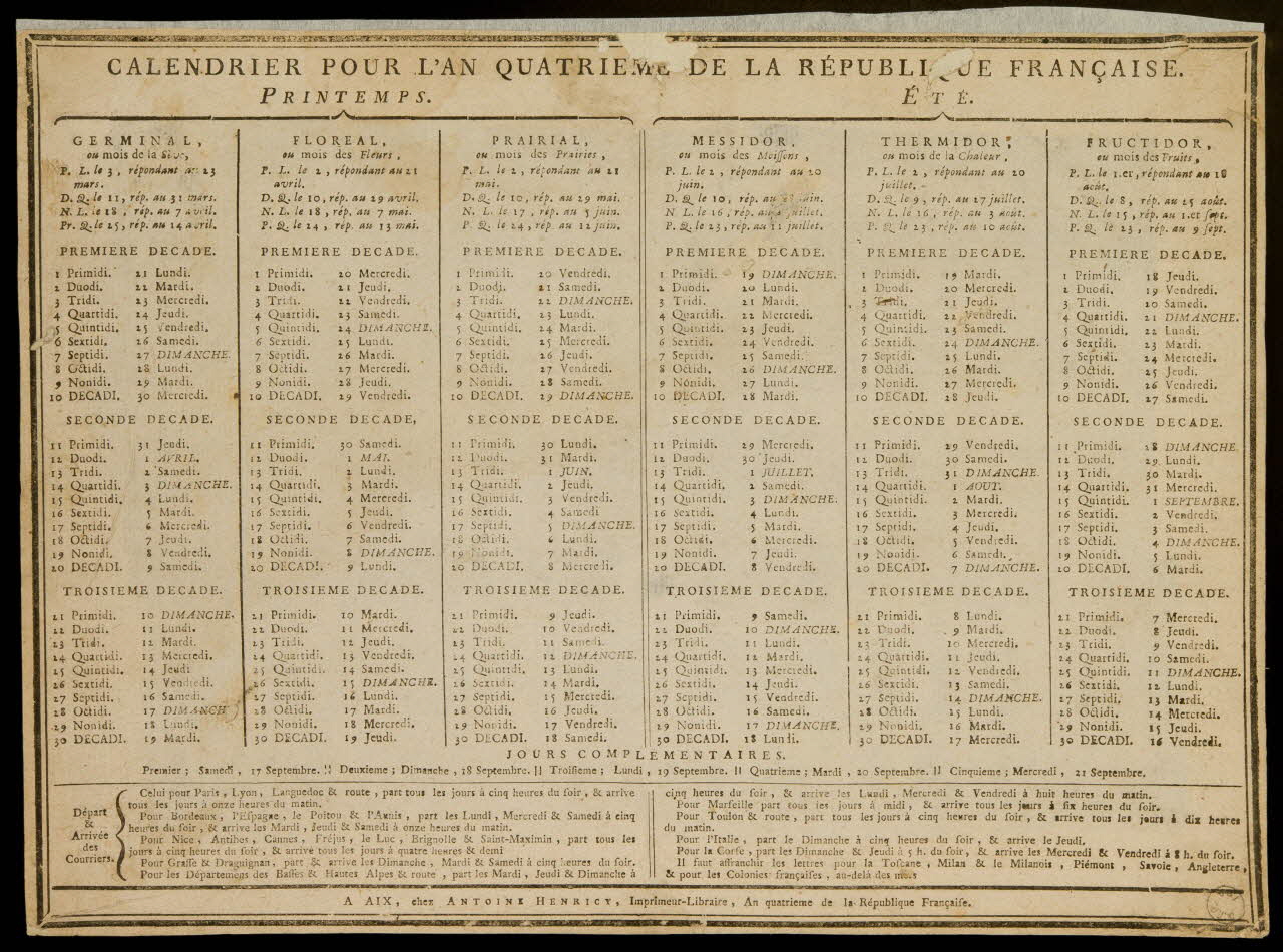 estampe CALENDRIER POUR L'AN QUATRIEME DE LA REPUBLIQUE FRANCAISE. 1973.53.62.2 Photo Mucem