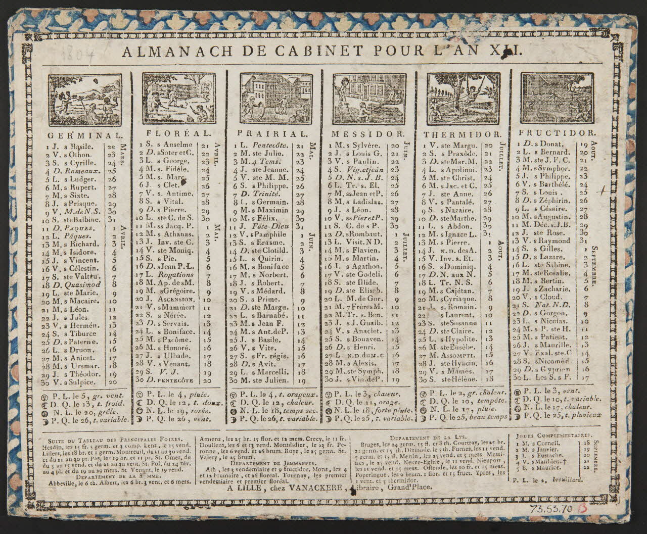 Vanackère Nicolas Joseph Désiré imagerie ancienne ALMANACH DE CABINET POUR L'AN XII. Lille 1803 1973.53.70 Photo Mucem
