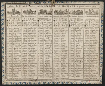 estampe 1807. An IIIe de l'Empire. ALMANACH DE CABINET. Age du Monde 5807. 1973.53.77 Photo Mucem