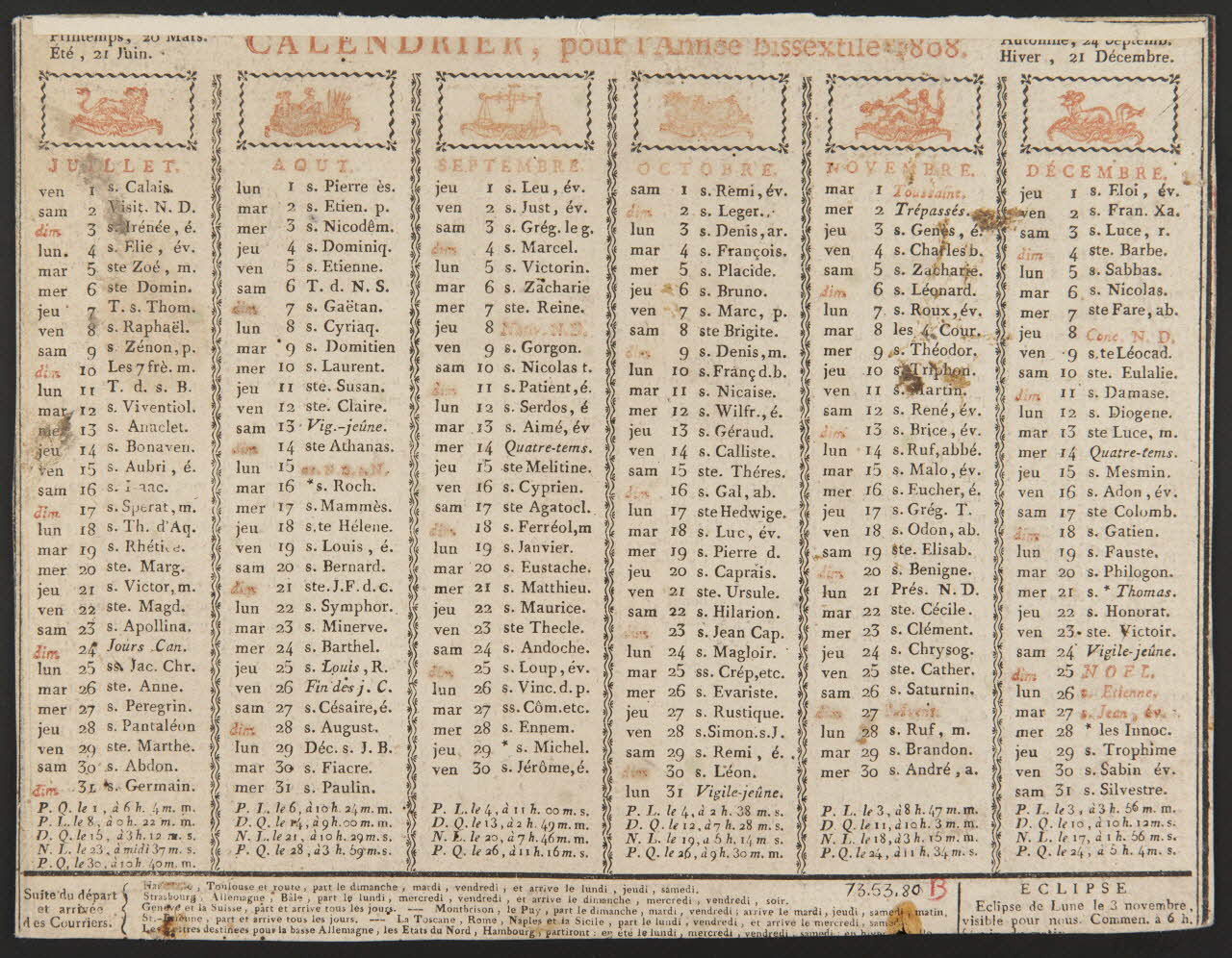 Ayne J. imagerie ancienne CALENDRIER, pour l'Année bissextile 1808. Lyon 1807 1973.53.80 Photo Mucem
