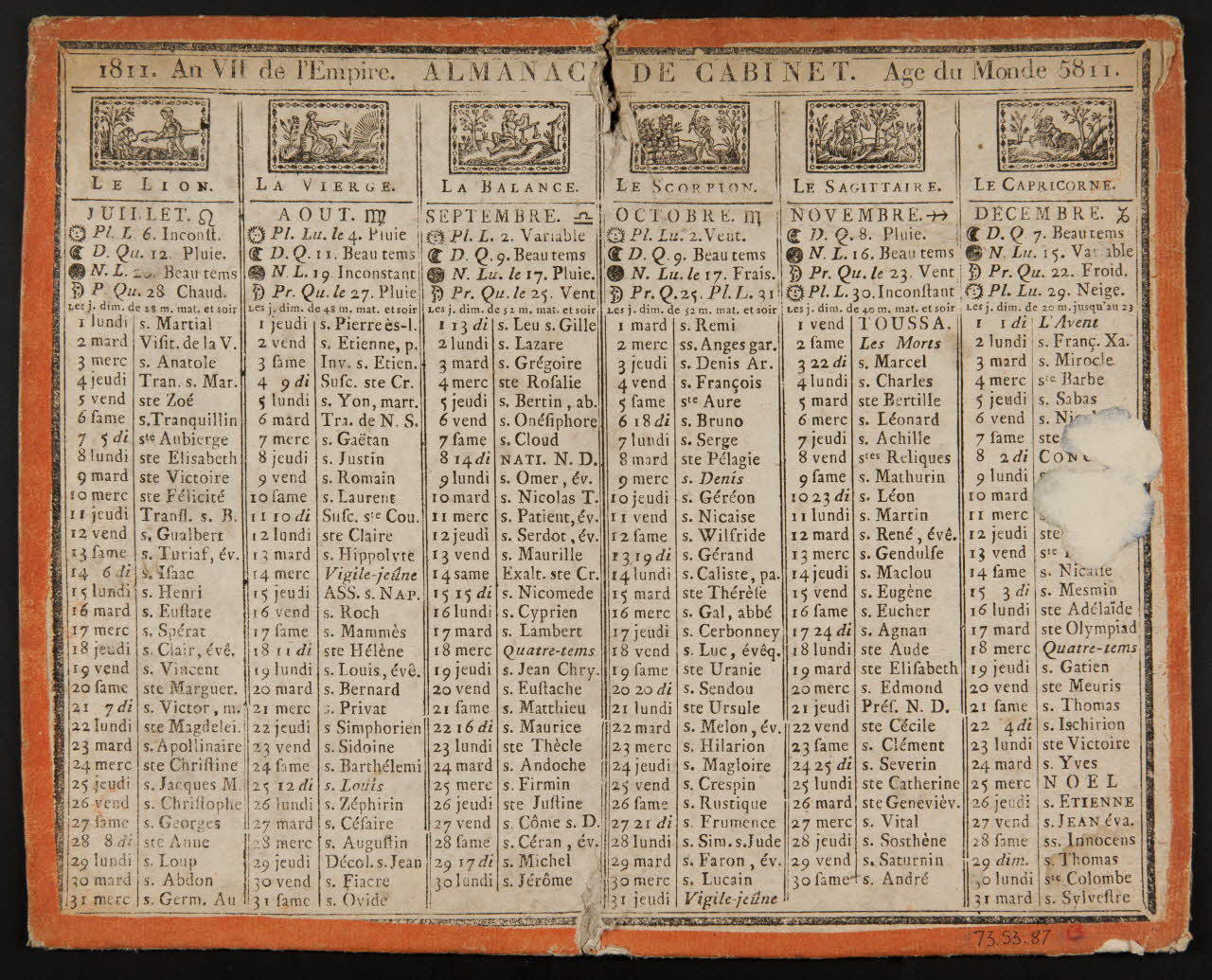 estampe 1811. An VII de l'Empire. ALMANACH DE CABINET. Age du Monde 5811. 1973.53.87 Photo Mucem