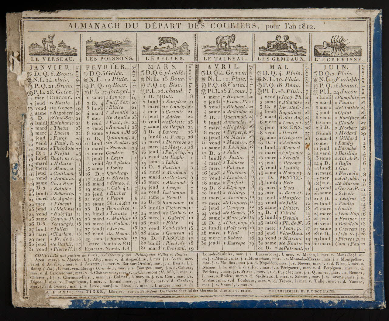 estampe ALMANACH DU DEPART DES COURIERS, pour l'an 1812. 1973.53.90 Photo Mucem