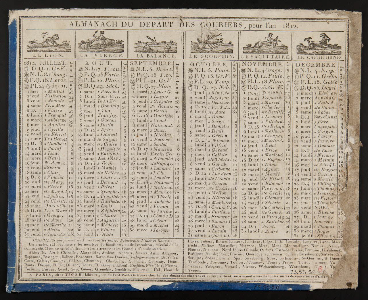 estampe ALMANACH DU DEPART DES COURIERS, pour l'an 1812. 1973.53.90 Photo Mucem