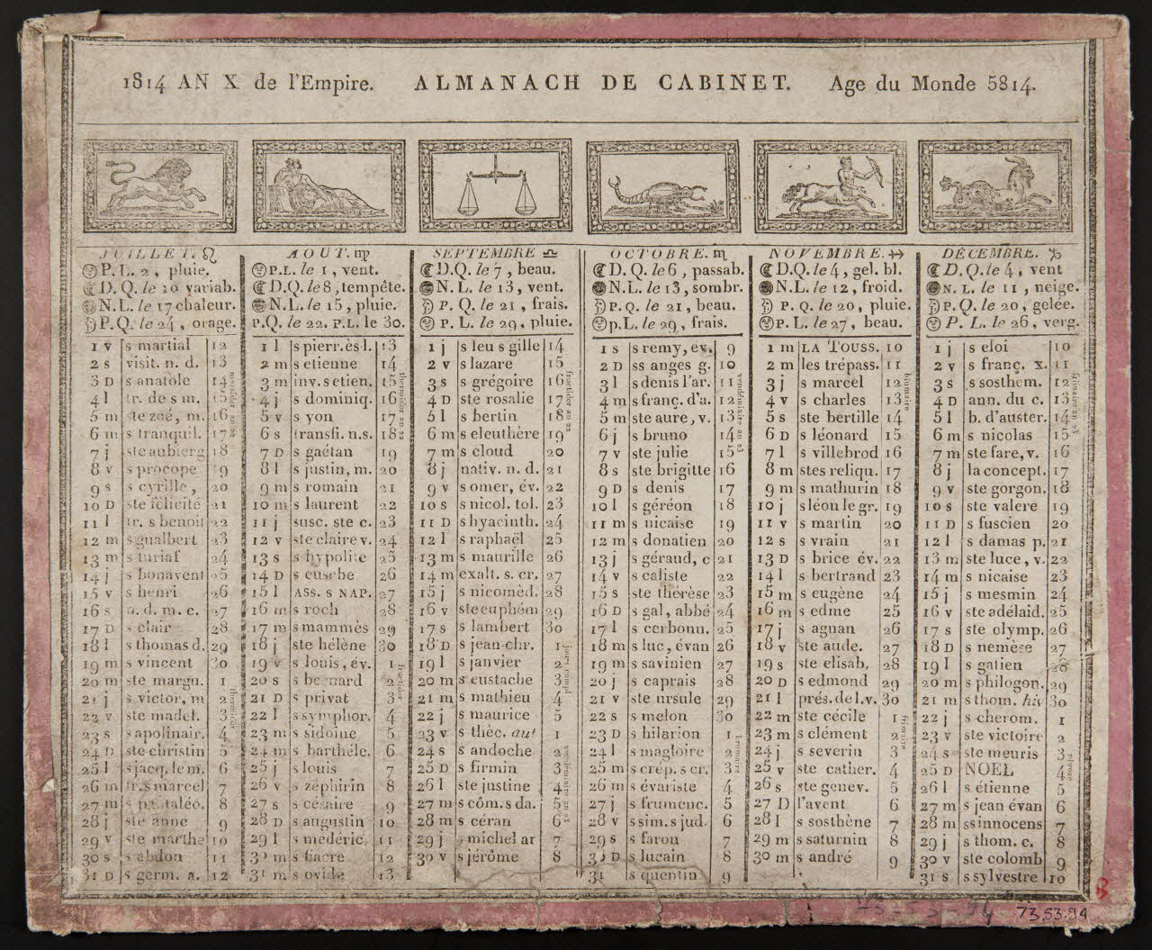 estampe 1814 AN X de l'Empire. ALMANACH DE CABINET. Age du Monde 5814. 1973.53.94 Photo Mucem