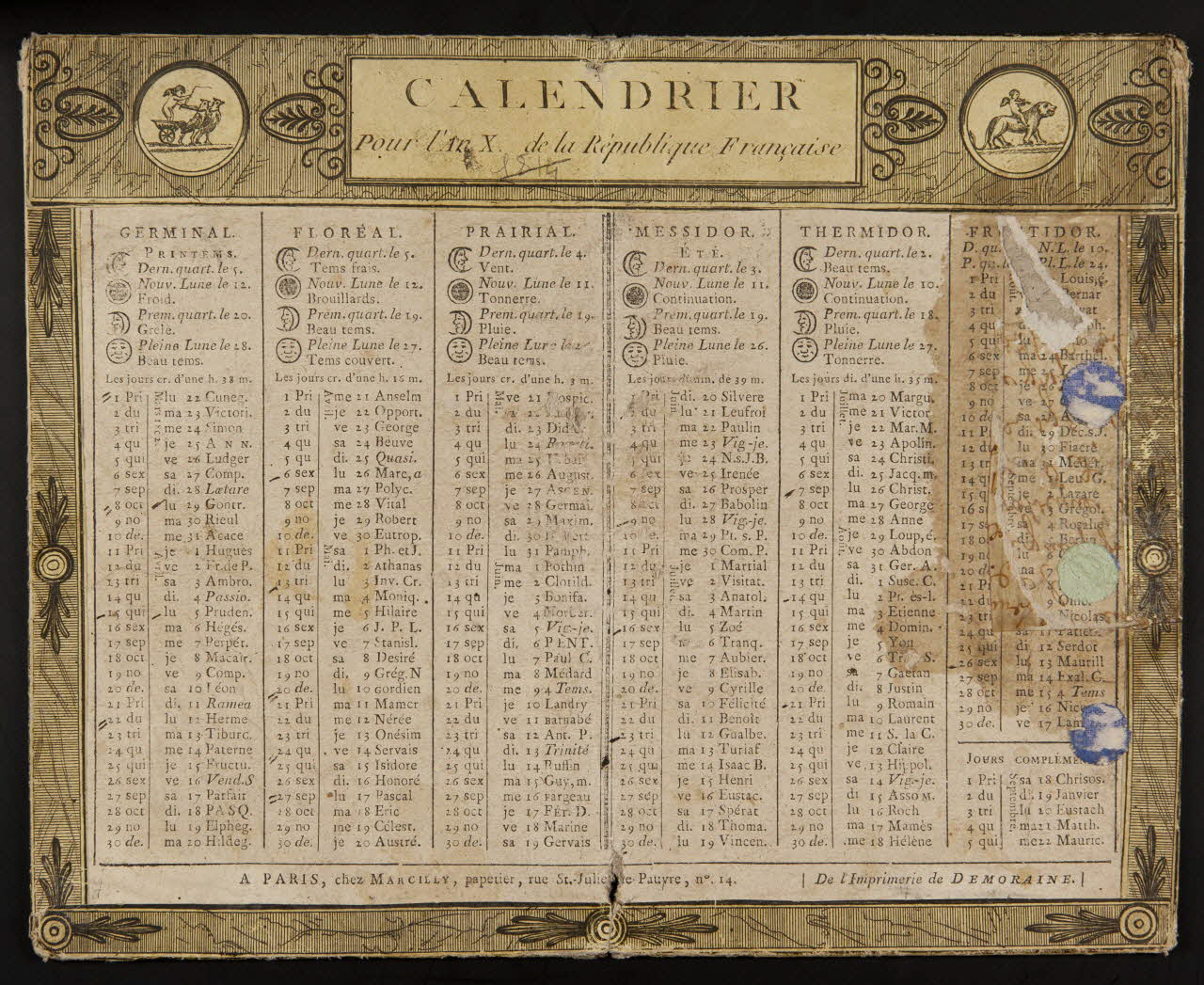 estampe CALENDRIER  Pour l'An X. de la République Française. 1973.53.97 Photo Mucem
